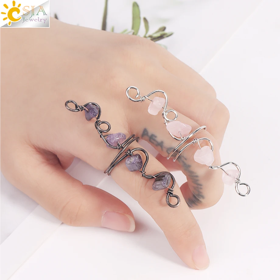 CSJA 7 Chakra Crystal Ring Natural Stone Wire Wrapped Chip Beads Pink Quartz Finger Rings Jewelry for Men Women Jewelry H331