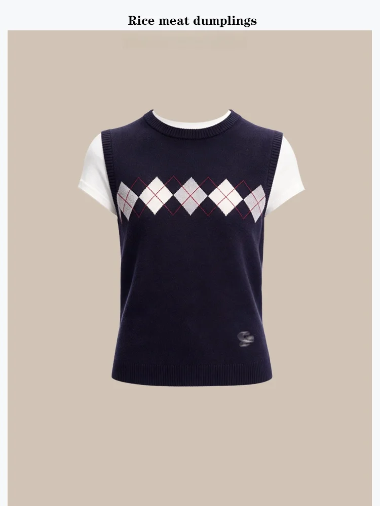 

Korean College Style Knitted Vest Sleeveless round Neck Tassel High Elasticity Sweater Inner Wear Diamond Pattern Women's Top