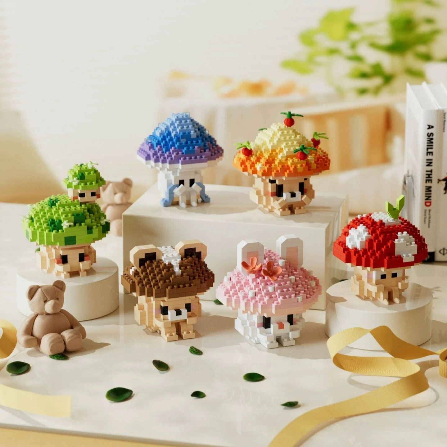 새로운 DIY 버섯 만화 토끼 곰 슈퍼 컬러풀 식물 곰팡이 블록 키트 소녀용 브릭 영화 모델 어린이 장난감
