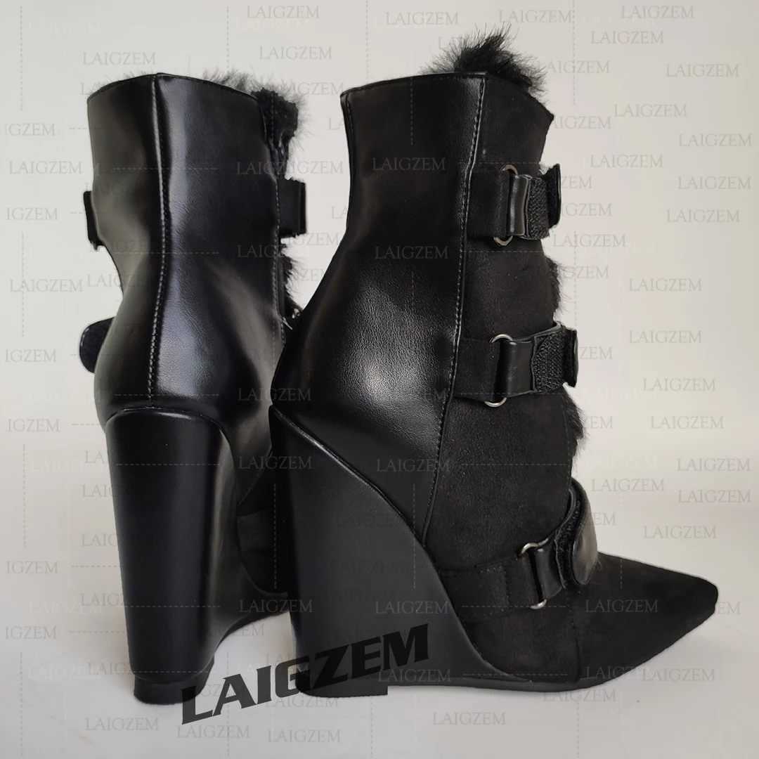 

Ботильоны BERZIMER в стиле пэчворк, искусственная кожа, высокие каблуки, острый носок, танкетка, короткие ботильоны, женская обувь, большой размер 41 47