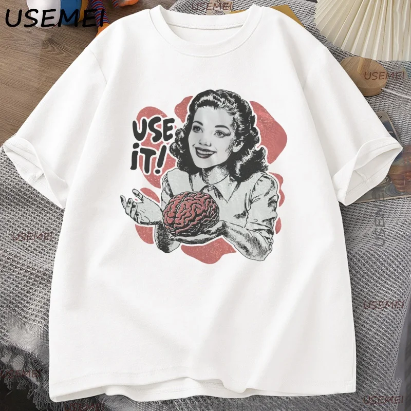 

Vintage Unisex T Shirt Use Your Brain Graphic Tees Funny Retro Short Sleeve Cotton T-shirt High Quality Loose Streetwear