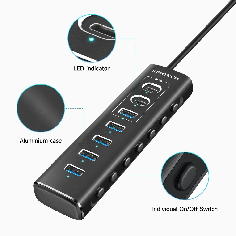 RSHTECH Powered USB Hub 7Port 10Gbps USB 3.2 typ C indywidualne włączniki/wyłączniki Adapter aluminiowy ekspander USB do laptopa PC