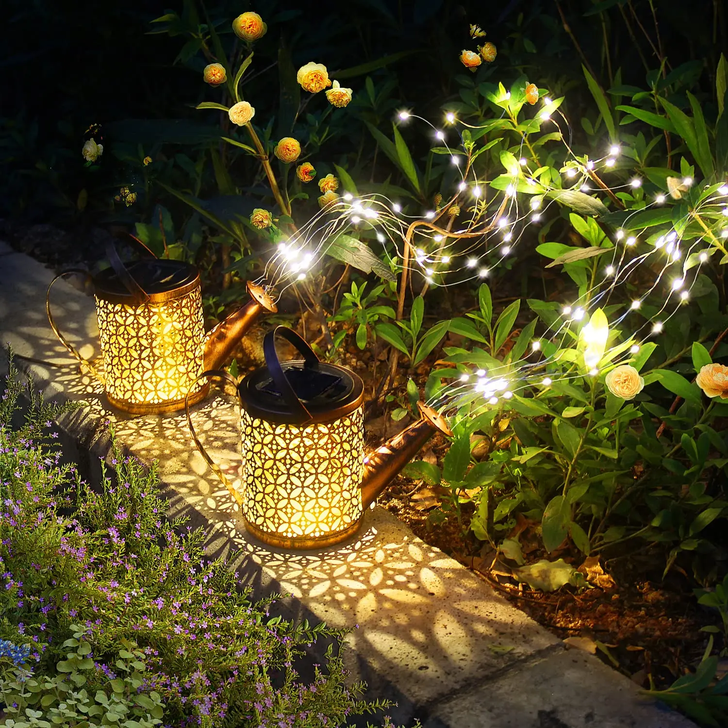 2Pack Solar Watering Can Lights Outdoor Hanging Solar Lanterns Waterproof Garden Decor Retro Metal Solar Garden Lights Lawn Yard