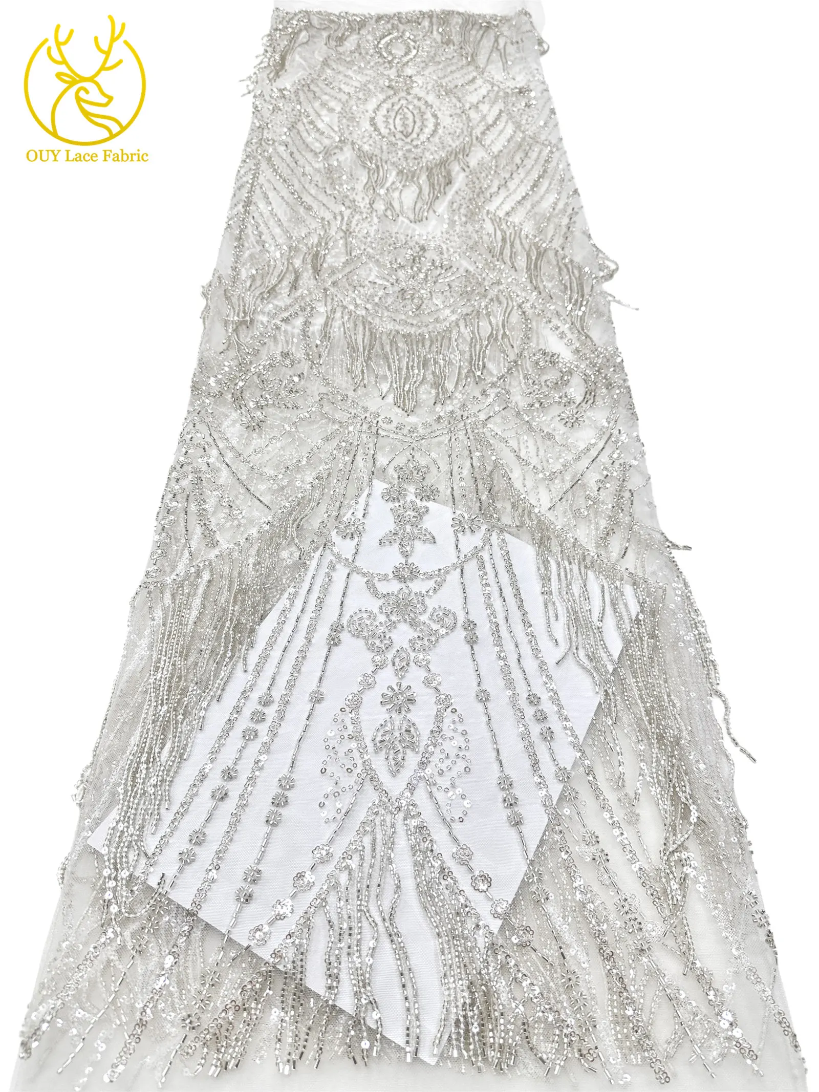 Roter 3D afrikanischer nigerianischer Perlen-Spitzenstoff, französischer Pailletten-Tüll, bestickter Spitzenstoff für Damen, Hochzeitsdekoration, Kleid, Nähen – Detail 11