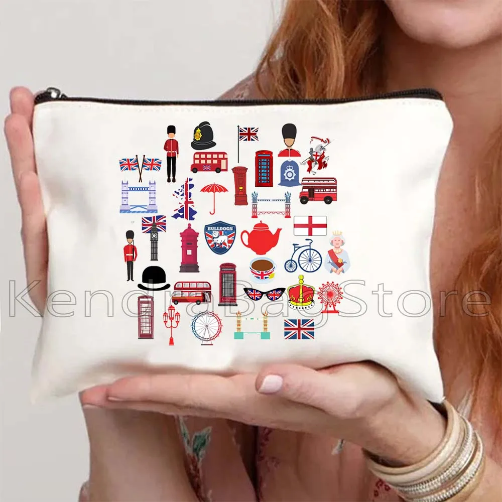 

Лондонские городские значки Англия Юнион Джек Великобритания городской пейзаж Биг Бен холст косметичка для макияжа туалетная сумка пенал на молнии