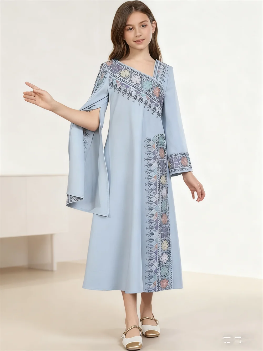 

Ramadan Girls Embroidery Muslim Dress Dubai Abaya Turkey Kaftan Eid Djellaba Islam Jalabiya Kids Robe Morocco Caftan Abayas Gown