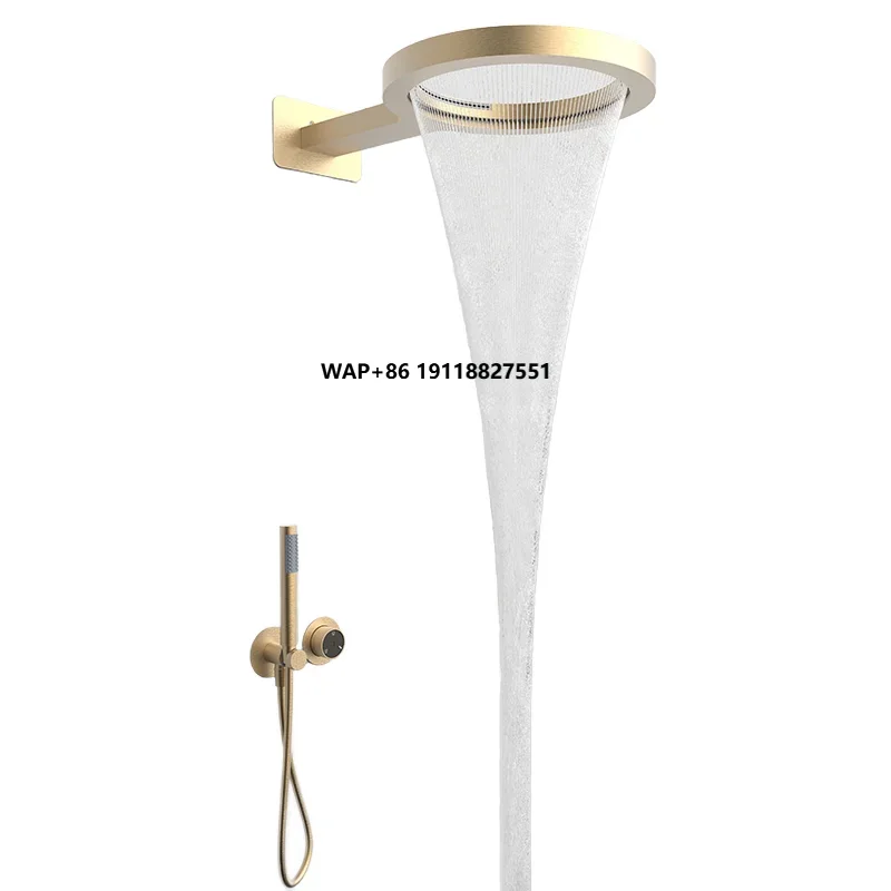 

Polished Chrome & Brushed Gold Wall-Mounted Bathroom Faucet Bathtub Shower Waterfall Set with Rain Jet Spray Pattern