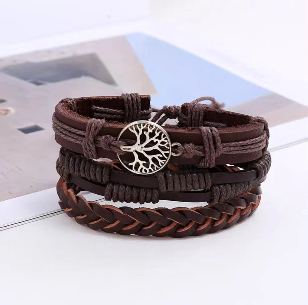 Bracelet For Men New Punk Tree Of Life Bracelet Multi-Layer Black Braided Bracelet Set High-Quality Alloy Leather Bracelet