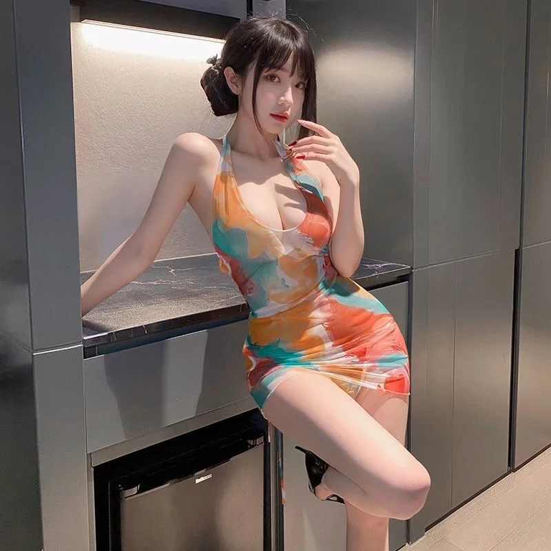 ملابس مثيرة، تنورة عميقة على شكل حرف V ملفوفة على الورك، بدلة استحمام صيفية رائعة للشاطئ، فستان مجوف بدون ظهر، فستان سبايس للفتيات معلق برقبة عاطفة ن