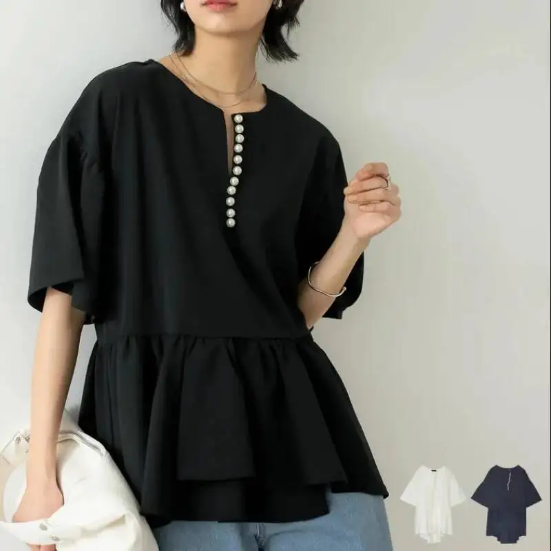 

Summer New Style Elegant Loose Casual Shirt Pearl Decoration V-neck Irregular Top for Women