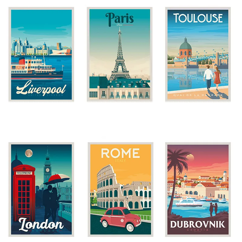 

Europe Travel Classic Retro Art Wall Painting Room Cafe Bar Decoration Custom Art Silk Poster