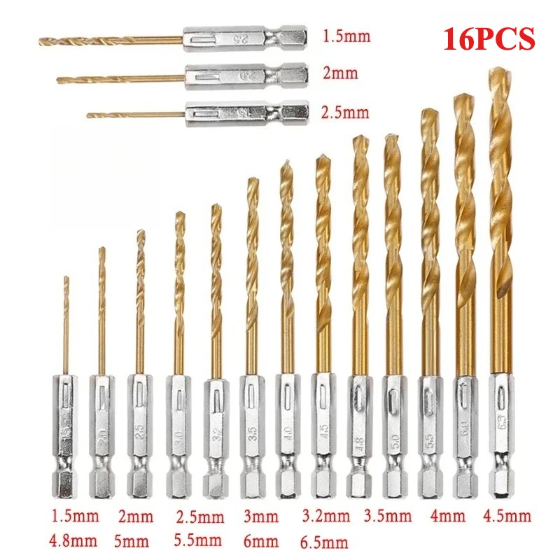 16-teiliges Titanbeschichtetes HSS-Spiralbohrer-Set mit 1/4-Zoll-Sechskantschaft, Schnellwechsel, 1,5-6,5 mm, für Bohrer und Schraubendreher