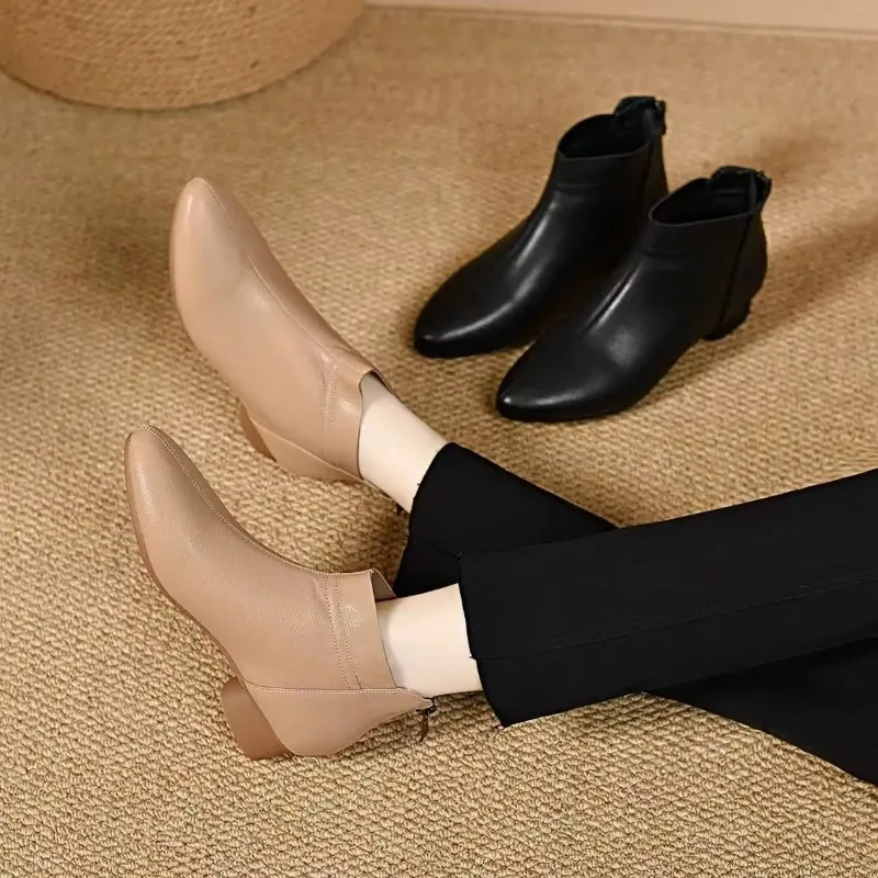 

Ultra Soft Sheepskin Pointed Toe Short Boots Women's Comfortable Thick Heel Ankle Boots Simple Leather Boots for Autumn Winter