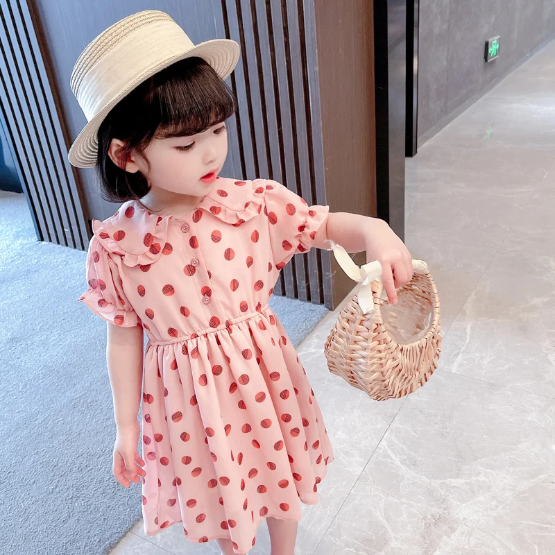 Girls Doll Collar Summer Dress Thin Polka Dot Skirt Children's Summer Outfit Baby  New Fashionable Dress Silk Top