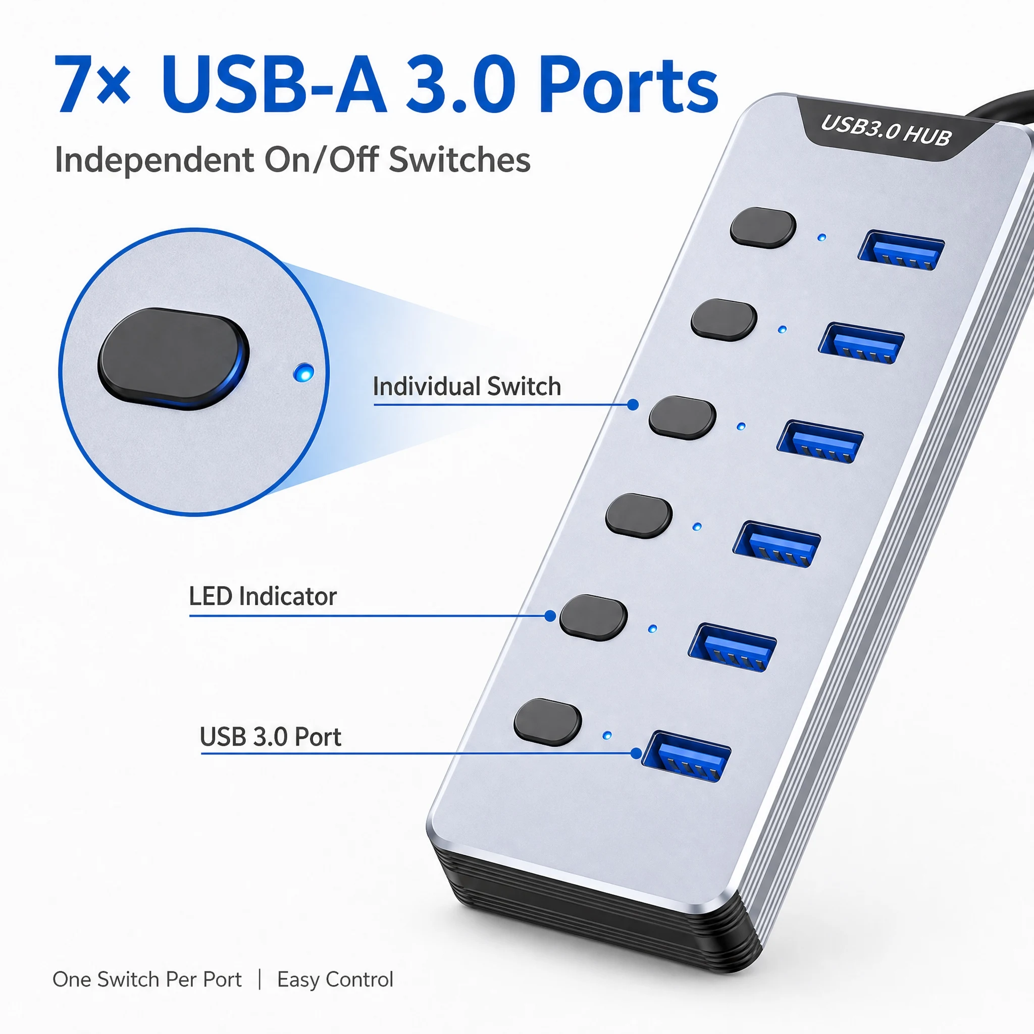 USB3.0 Hub Individual Switch 24W Power Supply 7 Port 5Gbps Fast Transmission Multi-device Desktop Laptop USB Splitter Adapter