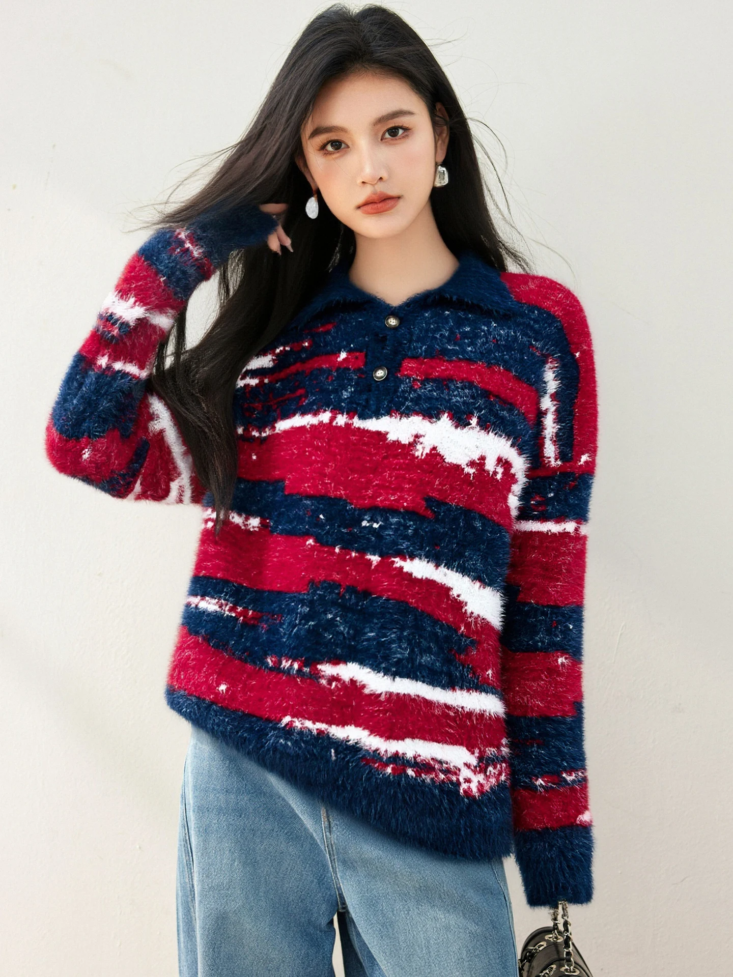 الأمريكية الرجعية المتناقضة اللون التلبيب سترة للنساء طويلة الأكمام فضفاضة محبوك القمم الخريف الشتاء الدافئة سميكة تريكو 9825 #4