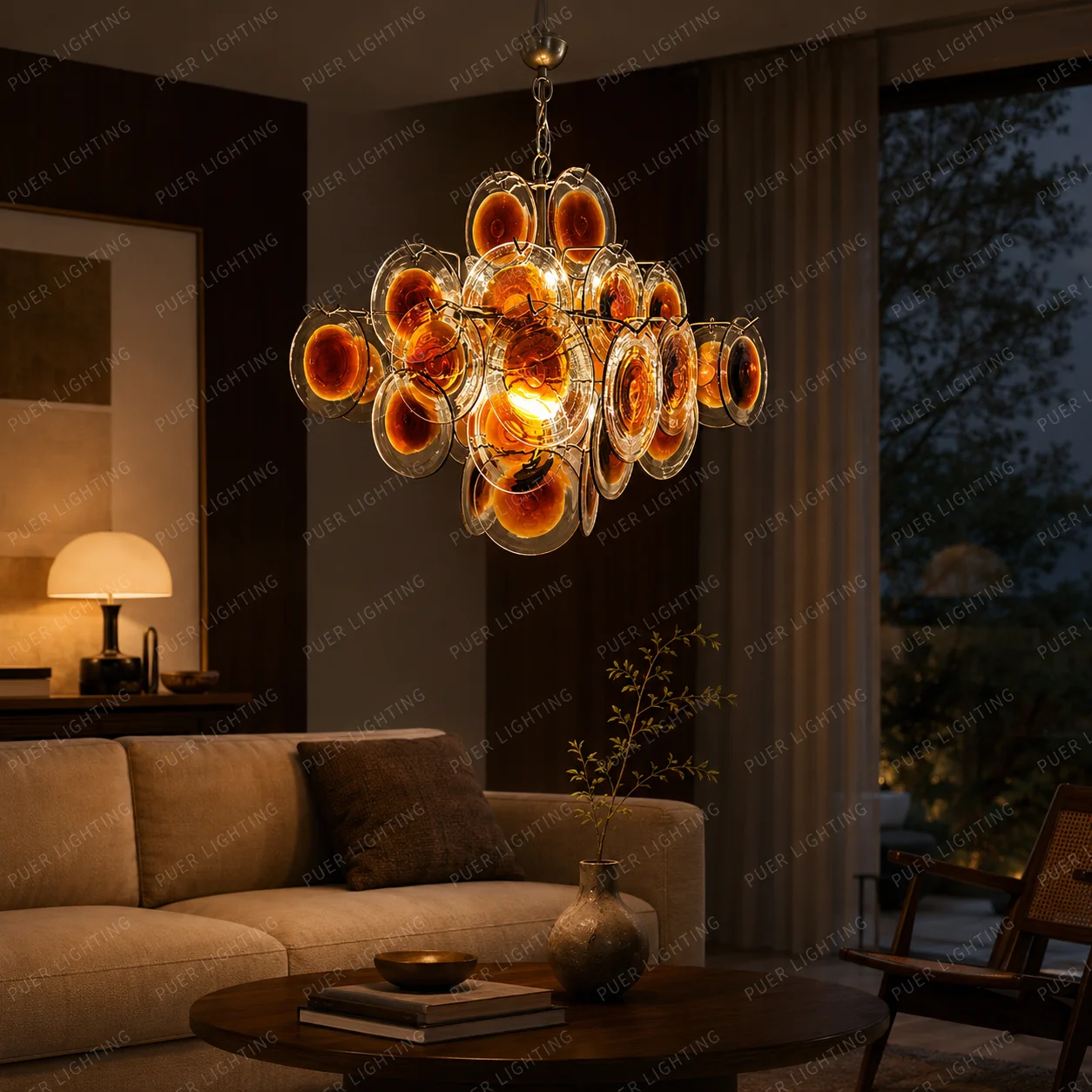 Murano Large Chandelier Amber Glass Lampshade Transparent Gradient Amber Round Glass French Mid Century Bedroom Pendant Light