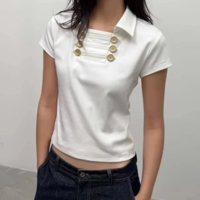 White double row gold buckle versatile short top