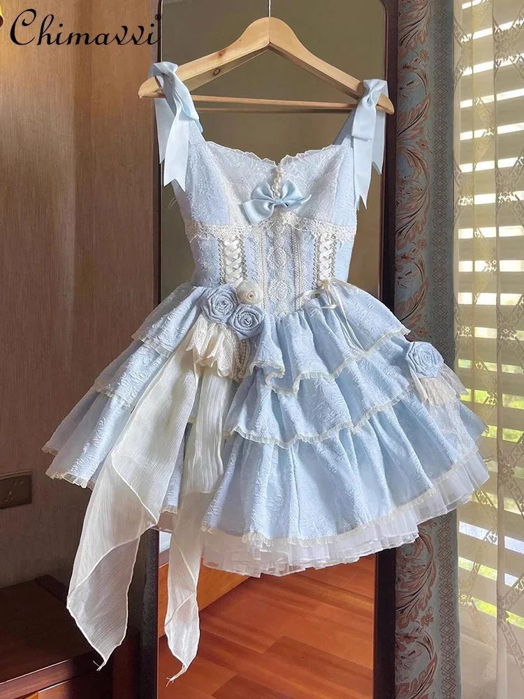 Blue Lolita Three-stage Short Lolita Jsk Dress Spring and Summer New Sweet Bow Cute Girl High Waist Birthday Party Lo Dresses