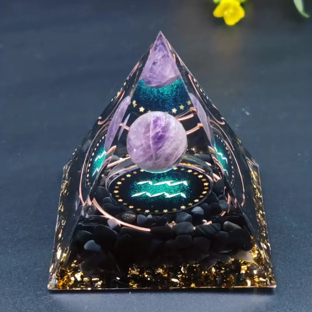 Aquarius Orgone Pyramid Natural Amethyst Sphere Obsidian Orgonite Energy Generator Reiki Healing EMF Protection Home Decor