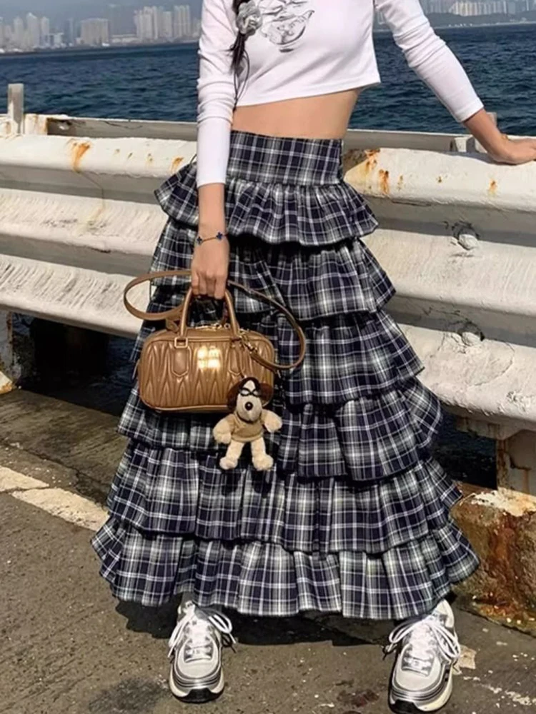 Zoki Vintage Plaid Cake Long Skirts Women High Waist Casual Korean Skirt Streetwear Retro Design Female Spring Y2K Skirts New