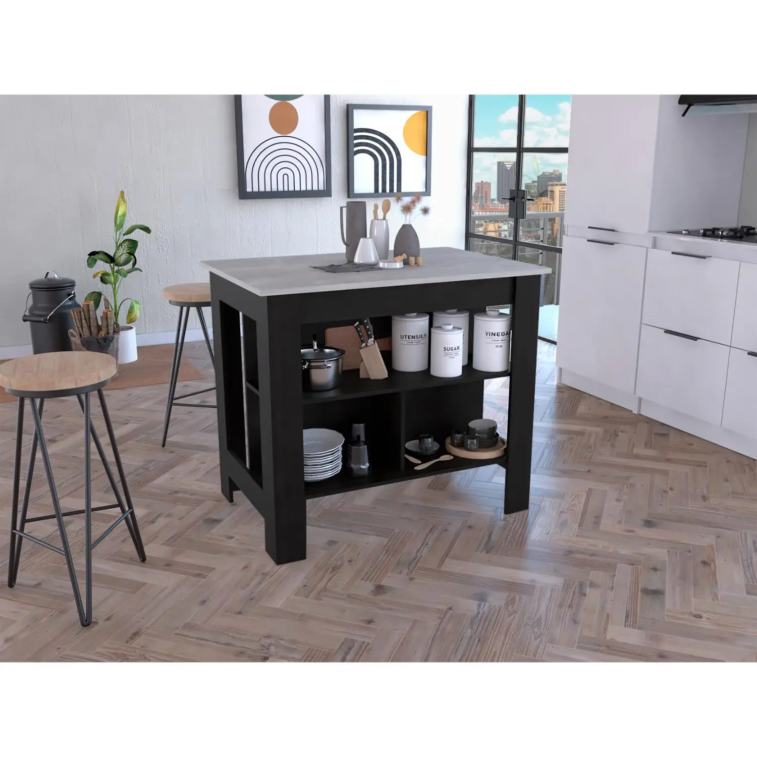 Cala Kitchen Island, Four Legs, Three Shelves  Black / Ibiza Marble