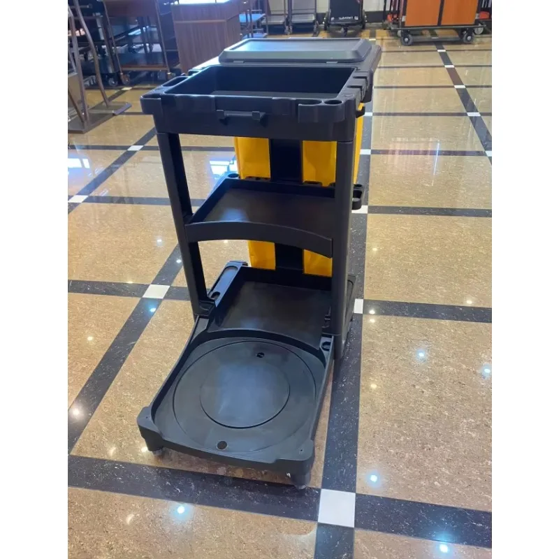Commercial Hotel & Restaurant Janitor Cart Yellow Plastic Cleaning Trolley Refuse Bag Buckets Wringer for Housekeeping Service