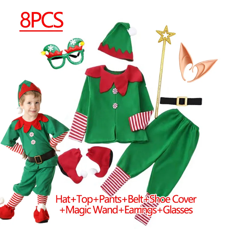 Christmas Santa Claus Costume for Girls Boys Cosplay Green Elf Carnival Party 2025 New Year Fancy Dress Kids Xmas Clothes Set