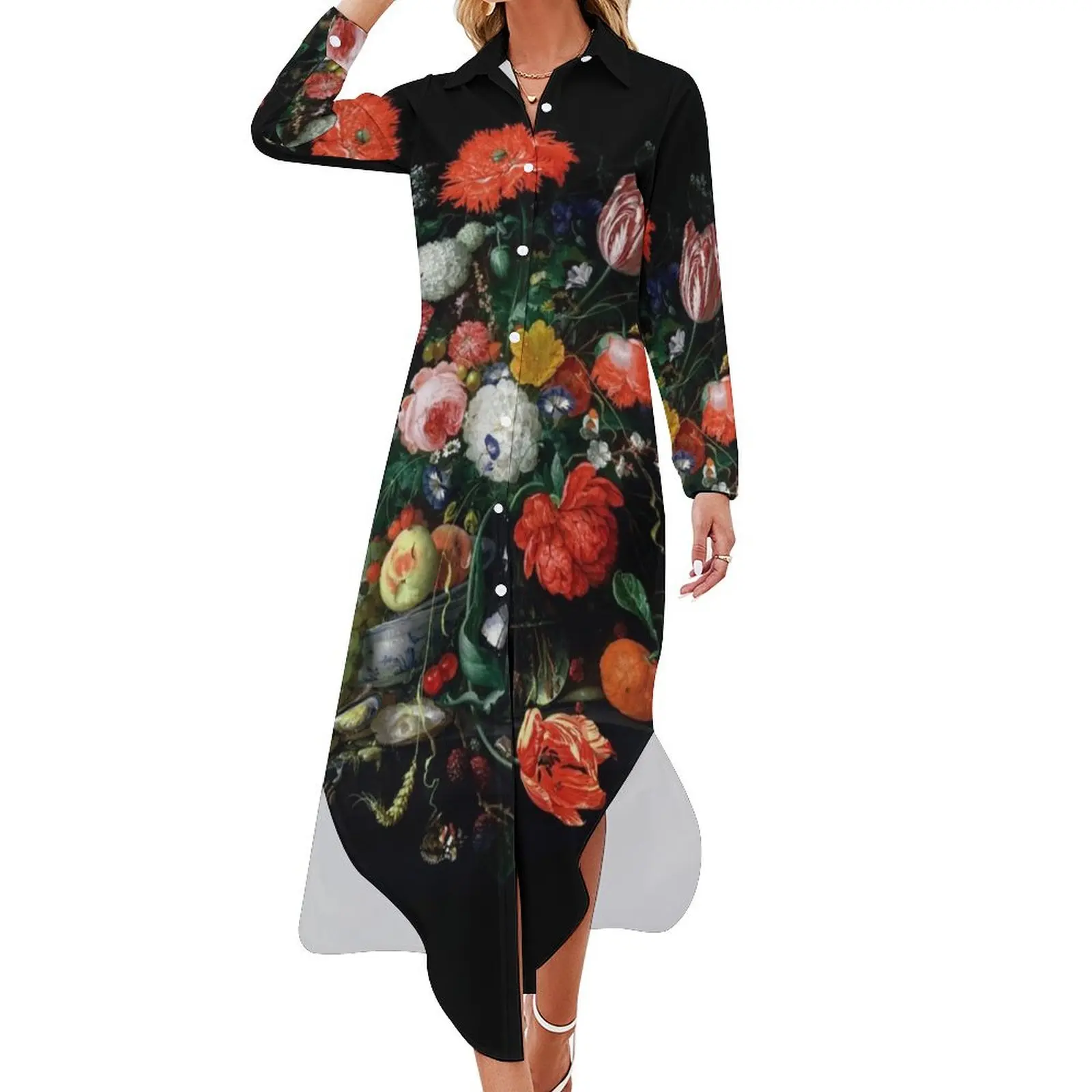 

Flower Still Life with a Bowl of Fruit and Oysters Flower Long Sleeved Shirt Dress elegant party dress for women 2024