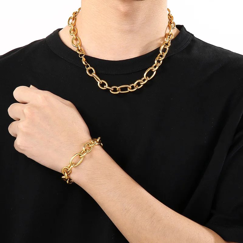 Fashion Jewelry Set Stainless steel interlocking necklace Bracelet for men - O-shaped chain with connecting links KN231294-Z