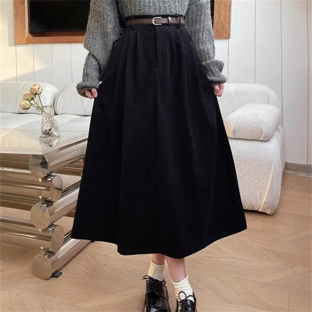 Korean Women'S Black Skirt 2026 Autumn Winter Khaki High-Waisted Corduroy Long Skirt Ladies College Style Pleated A-Line Skirts