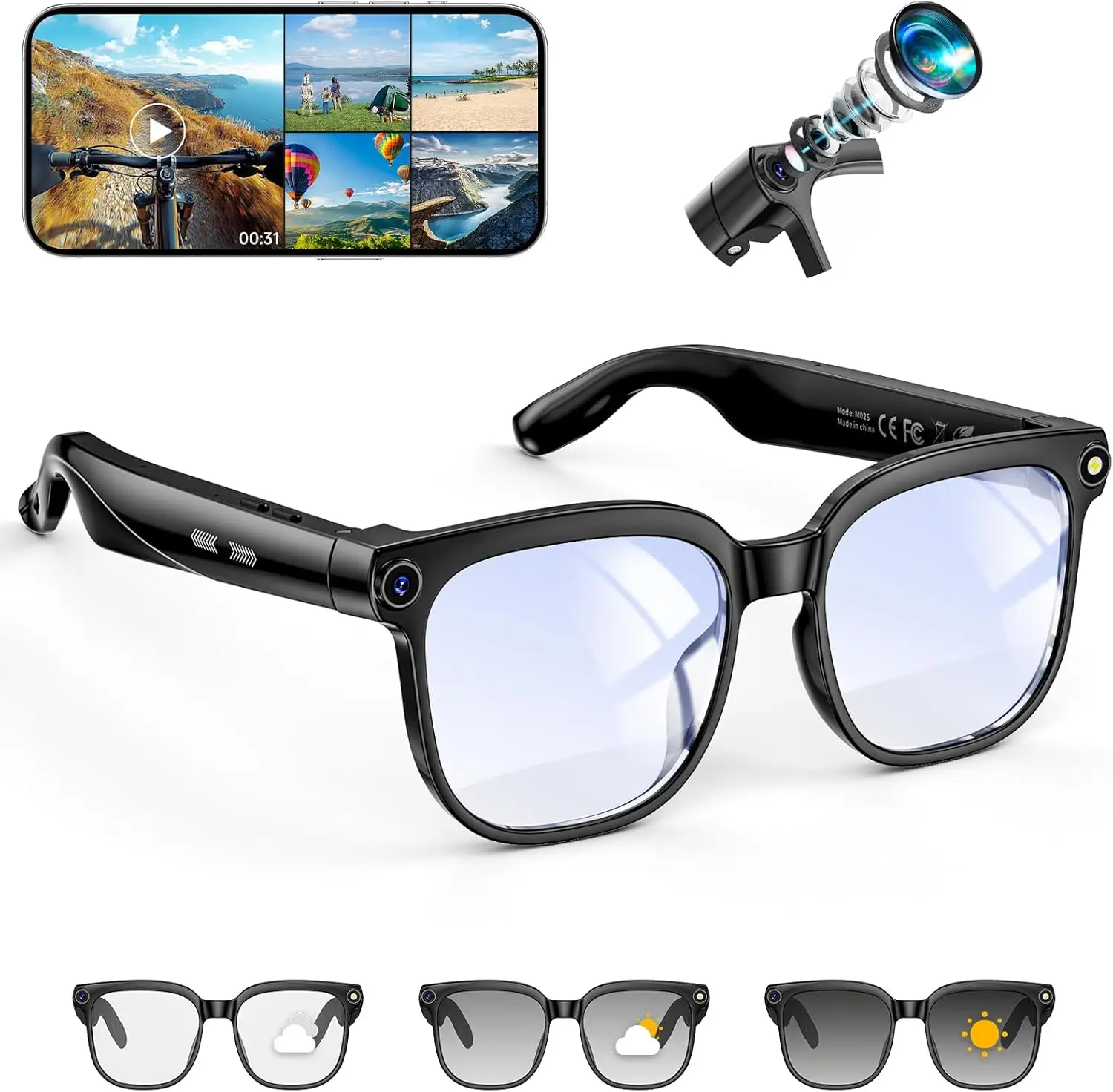 8MP Camera Smart Glasses: 4K Photo, 1080p Video, AI Translation, Object Recognition, Voice Assistant, Bluetooth 5.0, UV Protection