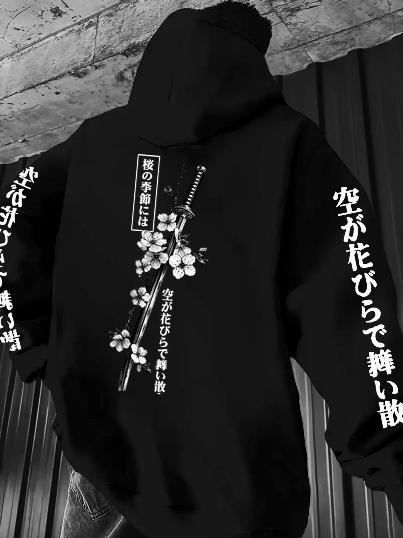 Aesthetic Sakura Samurai Sword Kanji Hoodie Men Women Japanese Wabi Sabi Art Style Oversized Hooded Sweatshirt