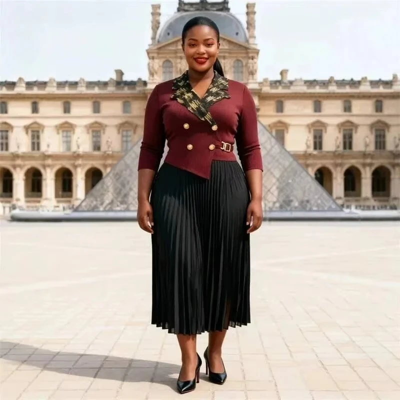 ANLAN Colorblock Patchwork Design Women's Pleated Dress Fashion Elegant Notched Half Sleeve Elastic Slimming Dresses 7AN5018
