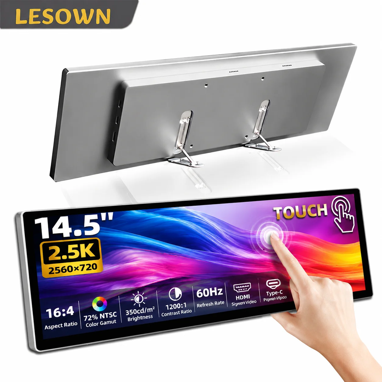 LESOWN 14.5 Inch Ultra-Wide Stream Deck Touch Monitor 2.5K Fully Laminated Driver-free Panel for Creators