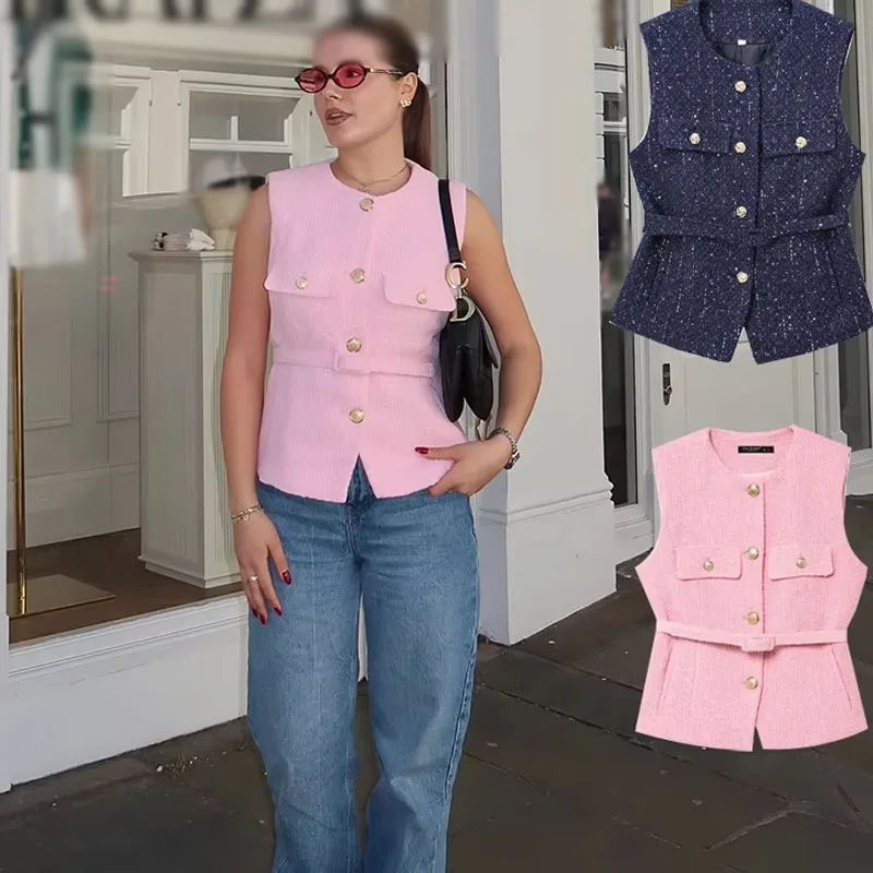 

2025 женский модный твидовый текстурный жилет, повседневный тонкий универсальный женский однобортный топ с поясом, летняя верхняя одежда