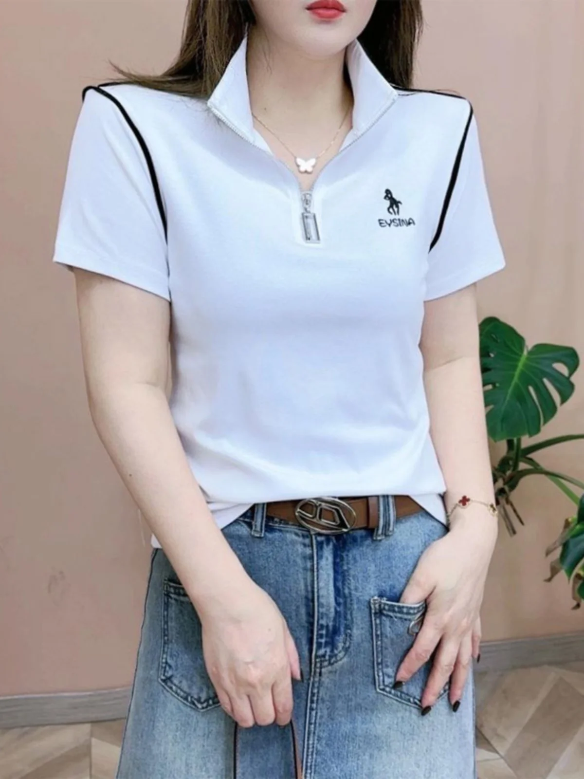 Faionable Slim Fit f Zip ort Sve Camiseta Feminina Base irt Versátil Sli Verão Nova Chegada Quente Fogo Beau