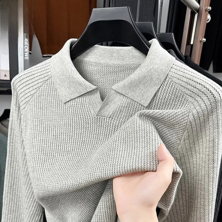 

Корейская люксовая трикотажная рубашка с вырезами и воротником-стойкой, с длинным рукавом, мужская, из чистого хлопка, однотонная, с отложным воротником