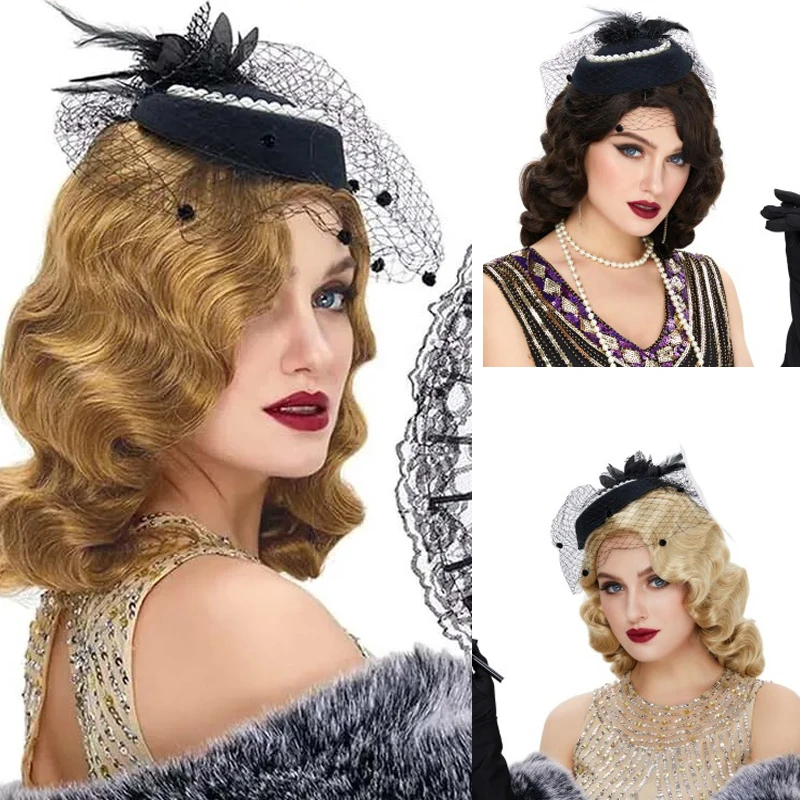 Peluca Flapper de los años 20 para mujer, peluca sintética de longitud media con ondas de dedo Retro, pelo rizado negro, dorado y marrón, accesorios para disfraz de fiesta de Halloween