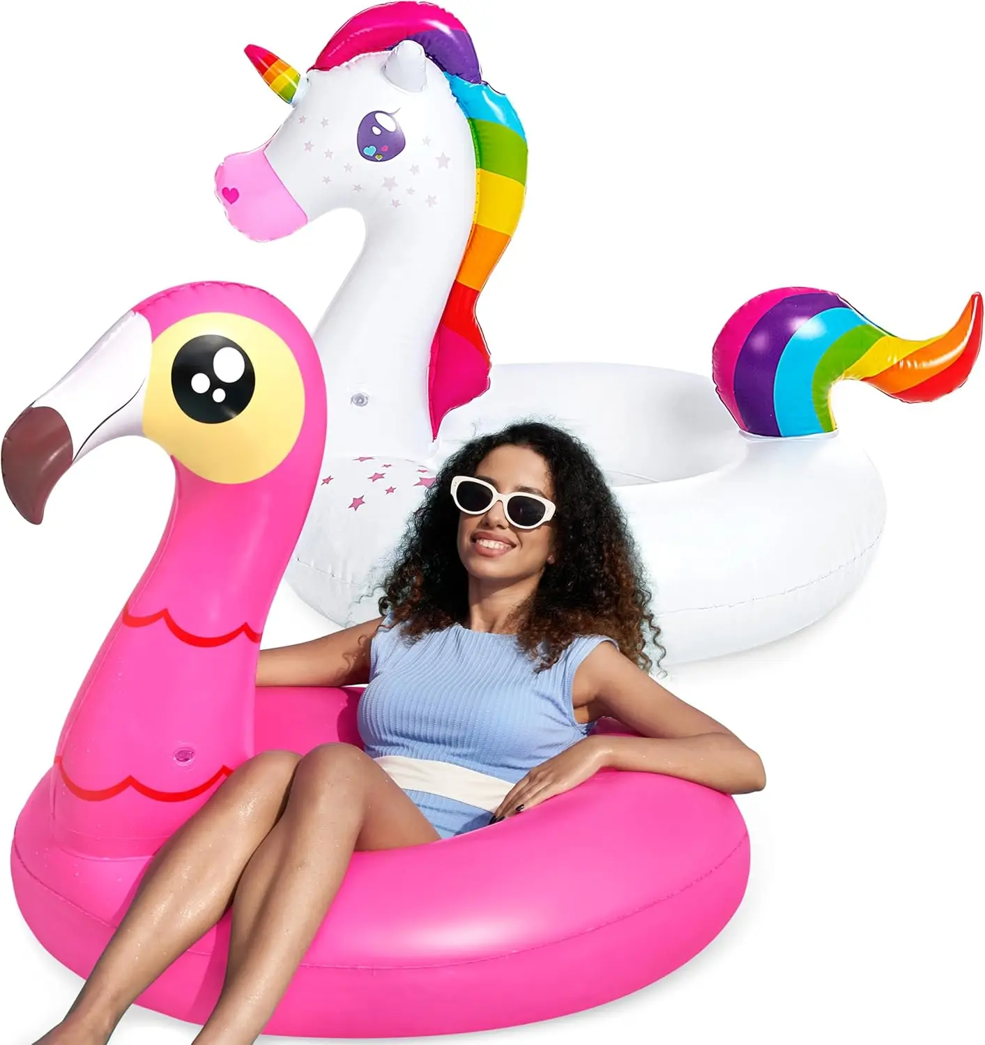 Paquete de 2 Flotadores de Piscina con Forma de Flamenco y Unicornio - Tubos Inflables para Nadar para Adultos y Niños, Diversión de Verano en la Playa