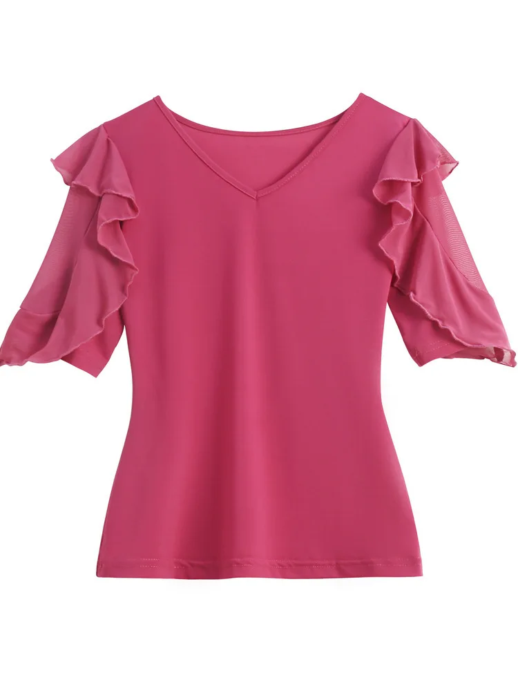 Haut de salle de bal latine pour femmes, coupe cintrée, couleur unie, manches à volants, demi-longueur, vêtements de danse, Tango Samba Rumba, pratique de Performance sur scène