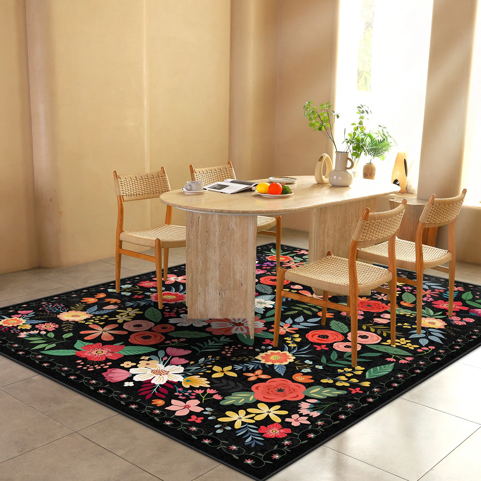 Karpet Area 5x7 Boho, Dapat Dicuci, Anti Selip, Karpet Lantai Bulu Pendek, Karpet Indoor Motif Bunga untuk Ruang Tamu, Kamar Tidur, Dapur, Ruang Makan