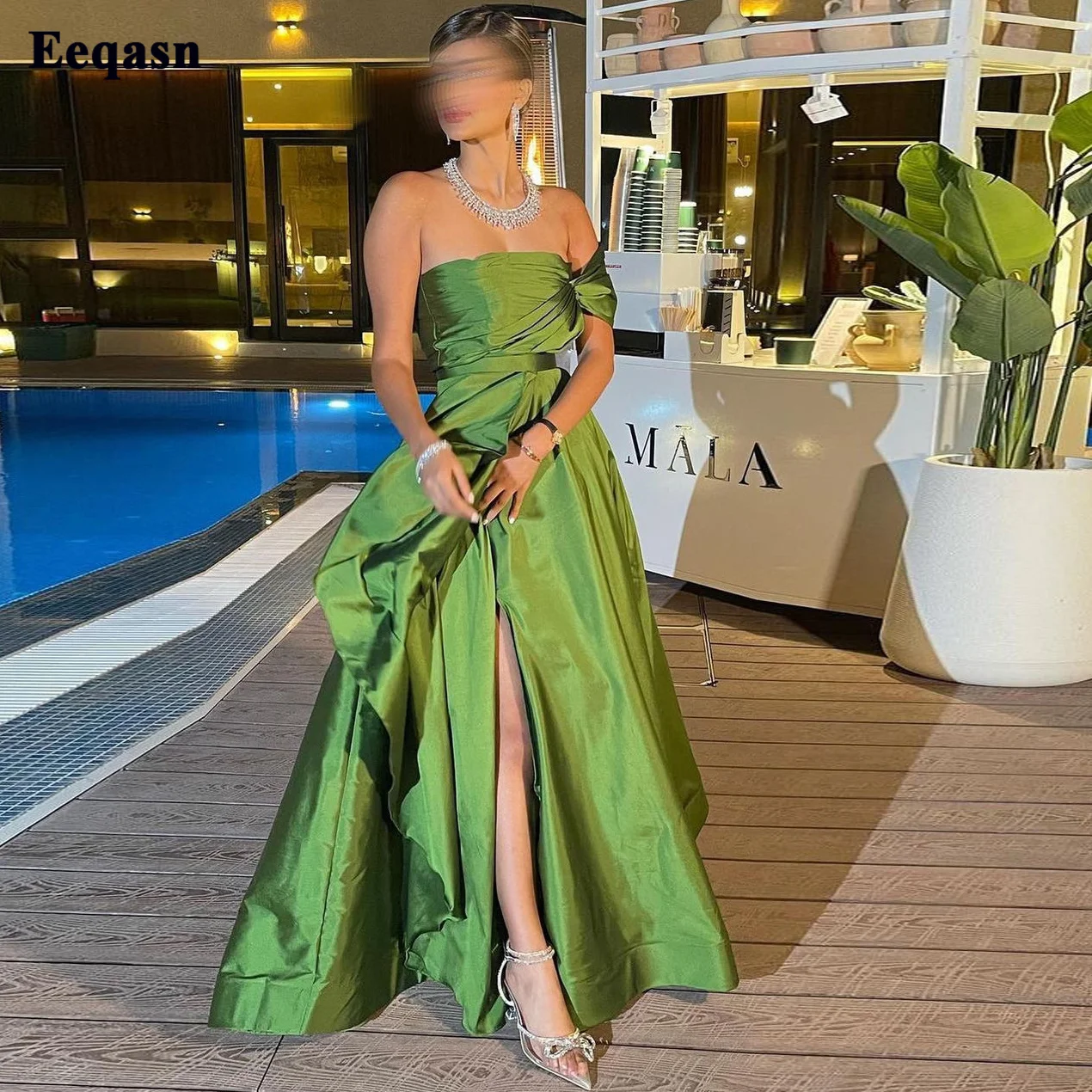 

Eeqasn Green Saudi Arabic Long Evening Dresses Taffeta One Shoulder Split Draped Women Party Prom Dress Formal Bridesmaid Gowns