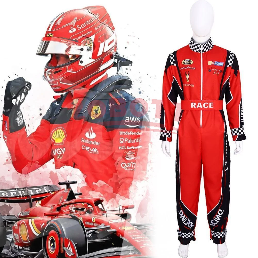 Costume cosplay da pilota per ragazzo Costume rosso classico da allenamento in un unico pezzo uniforme da corsa per bambini Halloween Karting Jersey Abbigliamento per adulti
