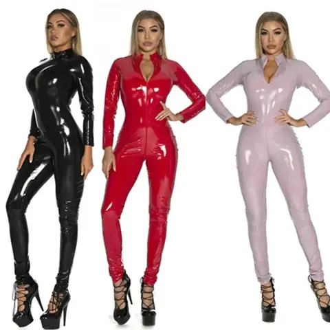 Artı Boyutu Kadın Parlak Deri Tulumlar Uzun Kollu Fermuar Açık Kasık Lateks Bodysuit Sıcak Porno Meme Açığa Çıkaran Sexi