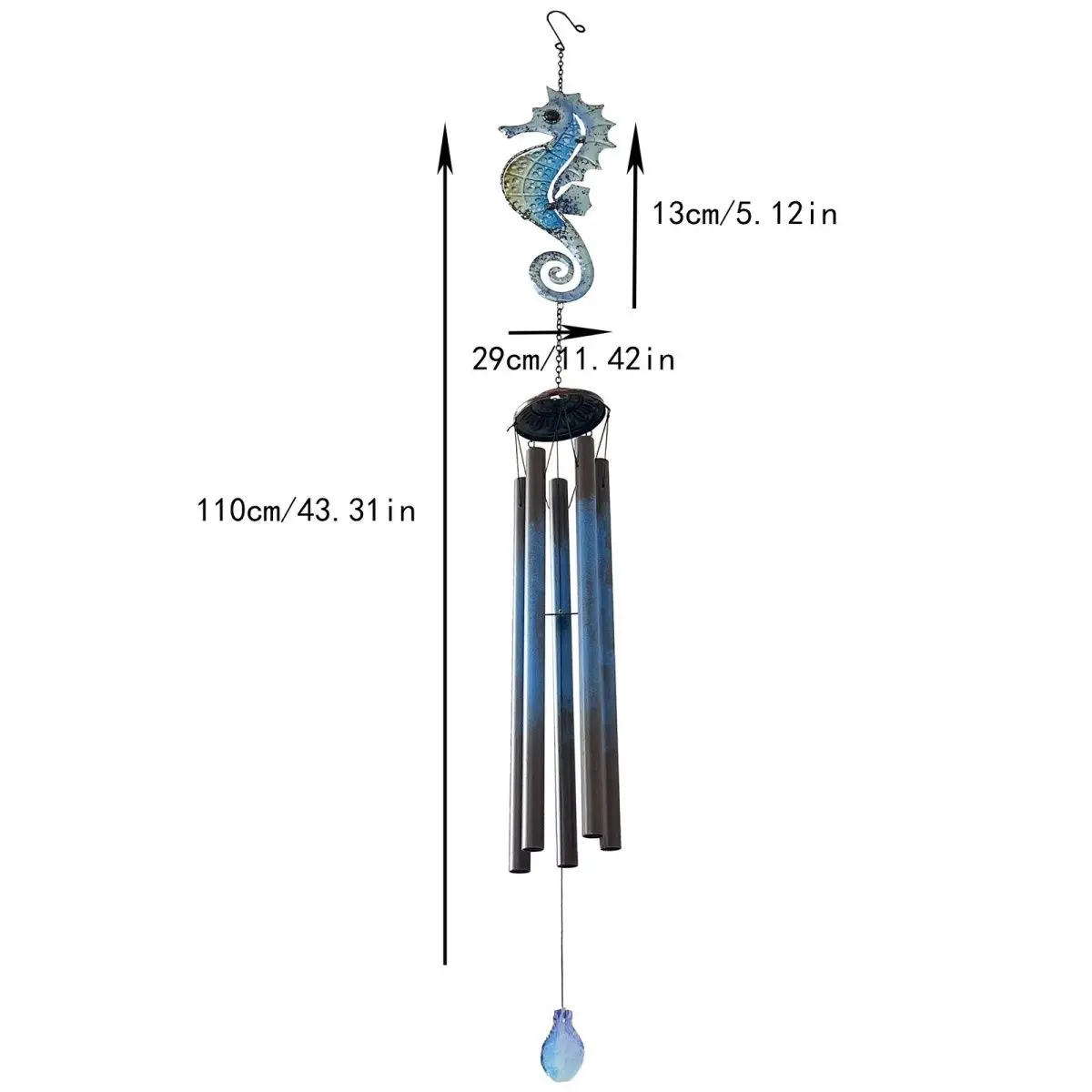 Creative Glass Wind Chimes Wrought Iron Metal Pendant Painted Seahorse Dolphin Bell For Courtyard Balcony Outdoor Hanging Decor