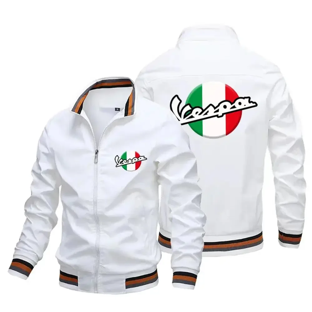 Jaket kasual pria baru 2024 jaket motif logo sepeda motor Vespa jaket anti angin kerah berdiri jaket pilot jaket anti angin