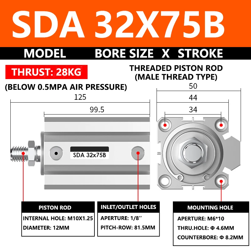 ABILKEEN SDA32X75B SDA Series Thin Air Cylinder 32MM Male Thread Bore X 75MM Stroke Double Acting Pneumatic Compact Cylinder