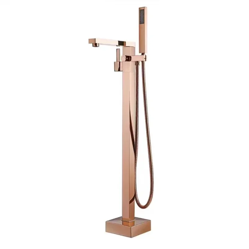 Square Bathroom Shower Set Hot Cold Mixed Brushed Gold Stand-Floor Mounted Brass Bathtub Faucet Single Handle Rain Jet Spray