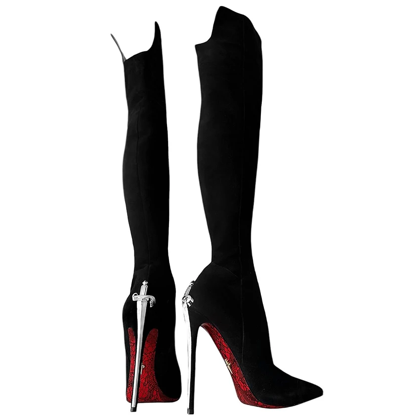 2025 جديد جلد الغزال الأسود فوق الركبة أحذية النساء مدبب تو مصمم المعادن عالية الكعب أحذية طويلة حفلة الفخذ أحذية عالية للنساء #3